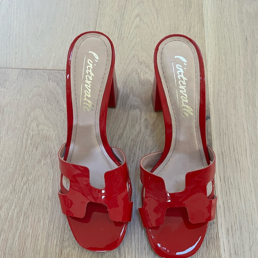 Red Patent Leather Block Heel Sandals Hermes lookalike